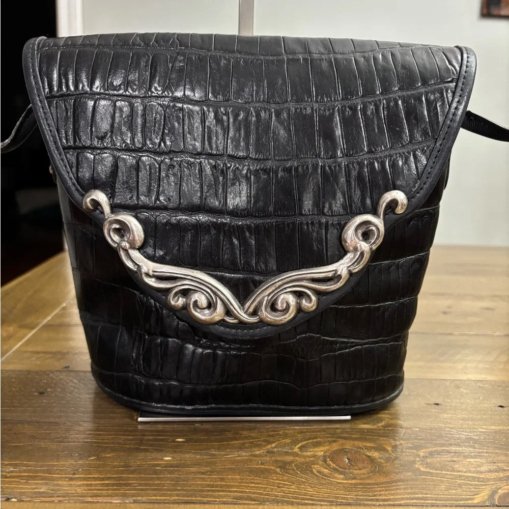 Brighton Black Croc-Embossed Leather Crossbody Bucket Bag